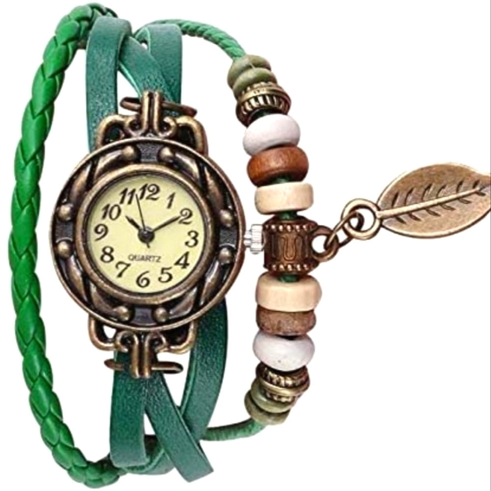 NWT | Women's Boho-Chic Green Vegan Leather Wrap Bracelet Watch | Handmade